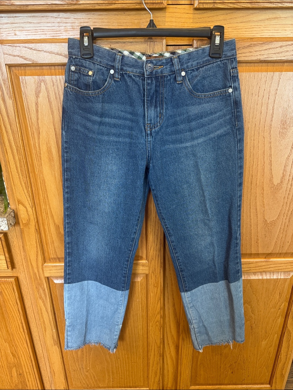 105 POL Size S Two Tone Patchwork Denim Cropped Jeans Raw Hem High Rise - Picture 2 of 7